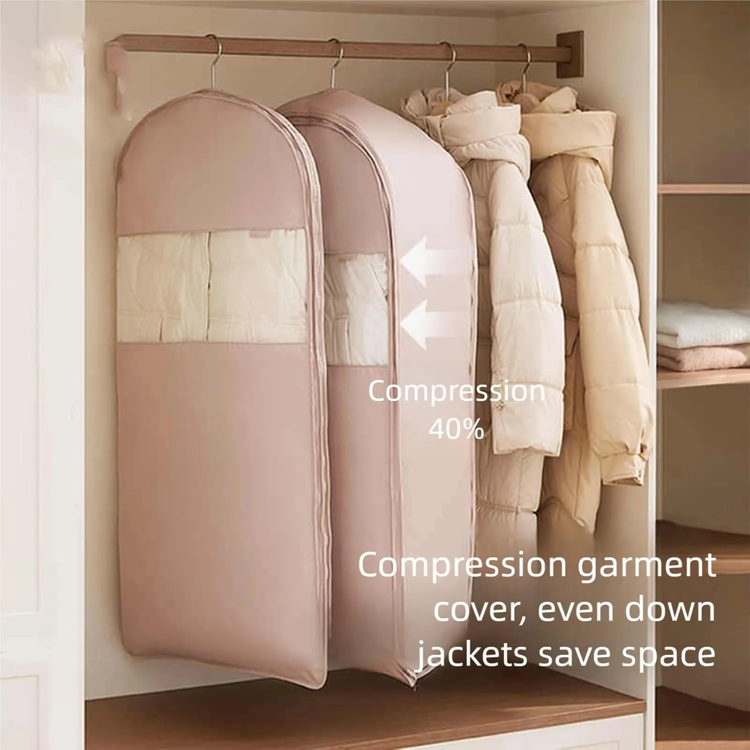 Space Saving Hanging Garment Bag with Self Compression Zipper, Closet Organizer for Down Jacket Suit Coat, Dustproof Waterproof Cover (Beige, M L XL)