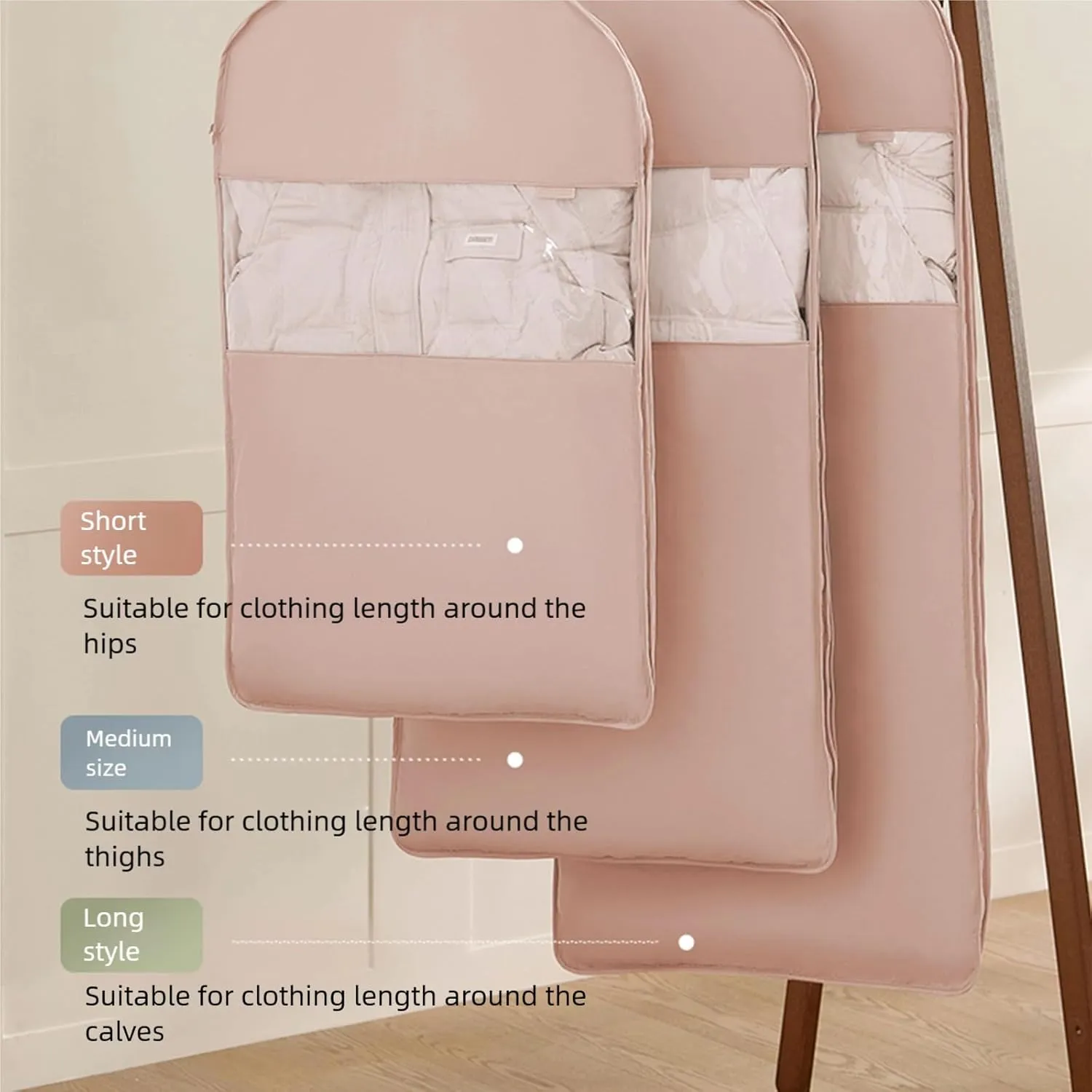 Space Saving Hanging Garment Bag with Self Compression Zipper, Closet Organizer for Down Jacket Suit Coat, Dustproof Waterproof Cover (Beige, M L XL)