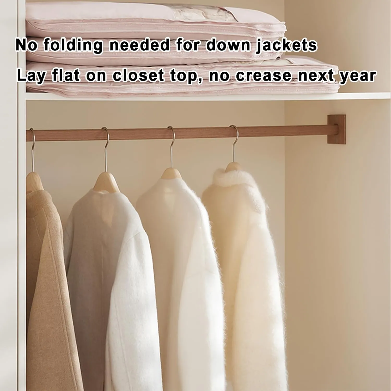 Space Saving Hanging Garment Bag with Self Compression Zipper, Closet Organizer for Down Jacket Suit Coat, Dustproof Waterproof Cover (Beige, M L XL)