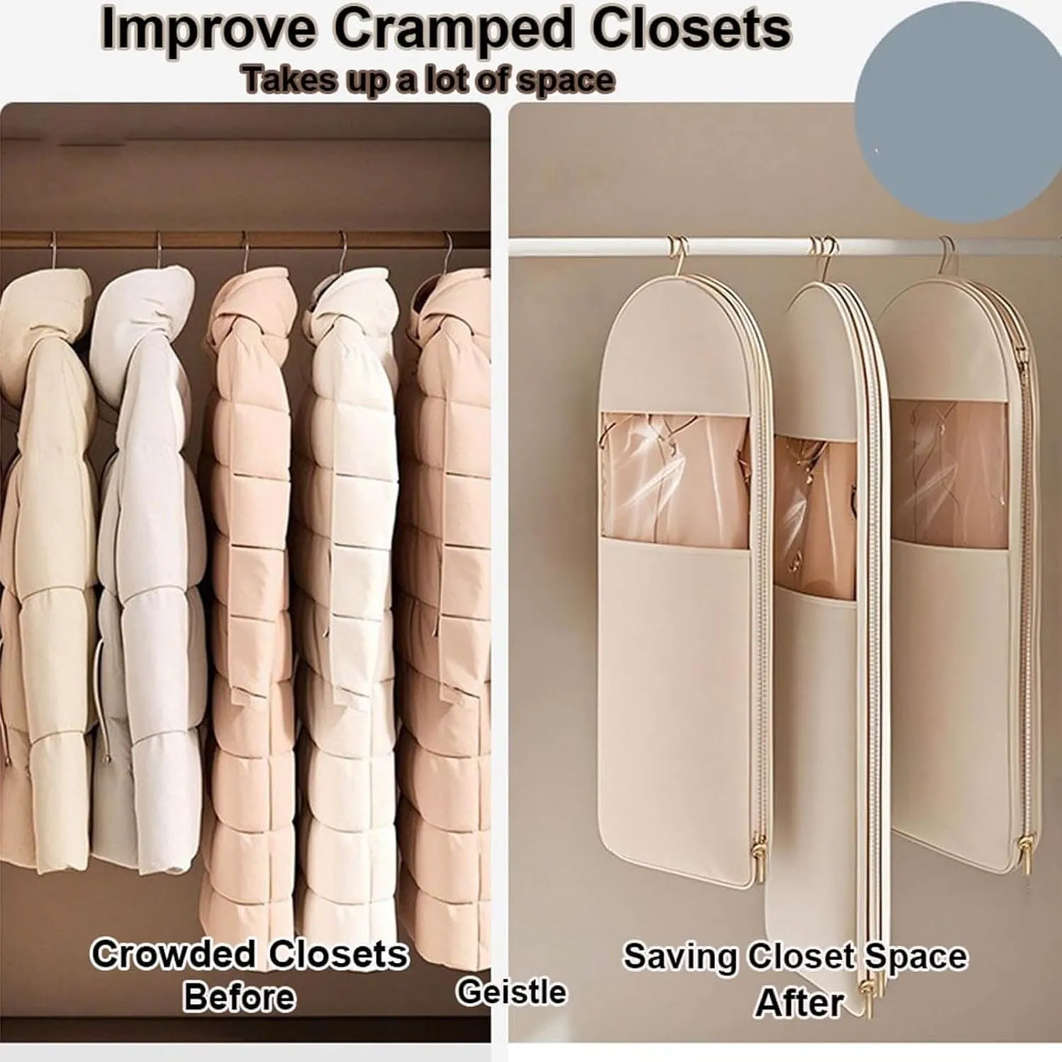 Space Saving Hanging Garment Bag with Self Compression Zipper, Dust Cover Clothes Bags for Down Coat, Wardrobe Organizer, Three Sizes (Beige, L)