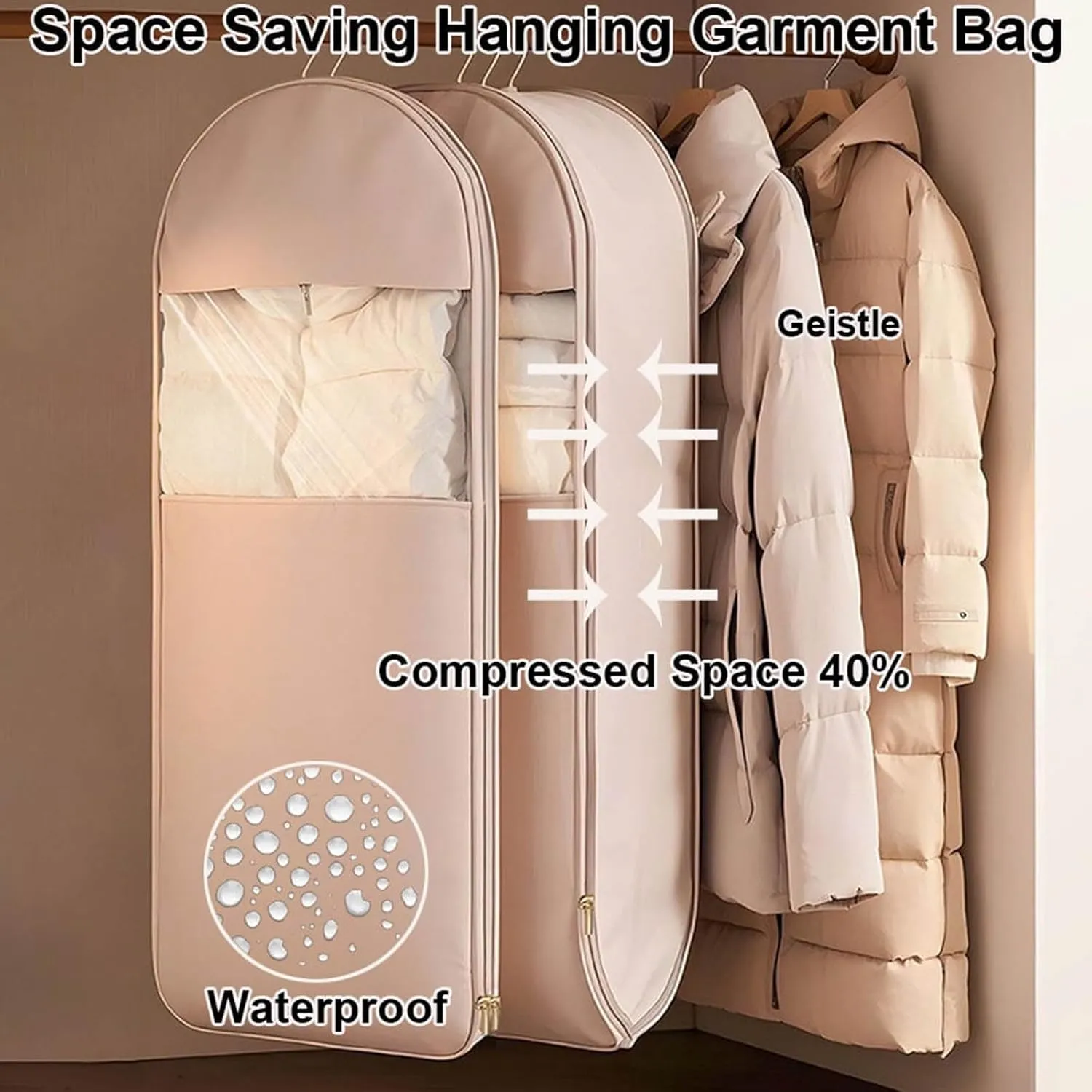 Space Saving Hanging Garment Bag with Self Compression Zipper, Dust Cover Clothes Bags for Down Coat, Wardrobe Organizer, Three Sizes (Beige, L)