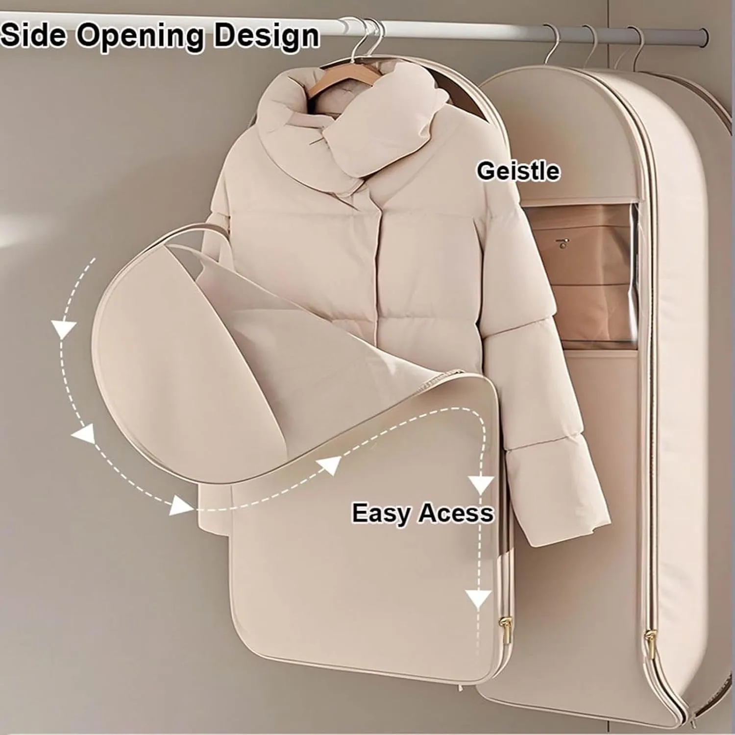 Space Saving Hanging Garment Bag with Self Compression Zipper, Dust Cover Clothes Bags for Down Coat, Wardrobe Organizer, Three Sizes (Beige, L)