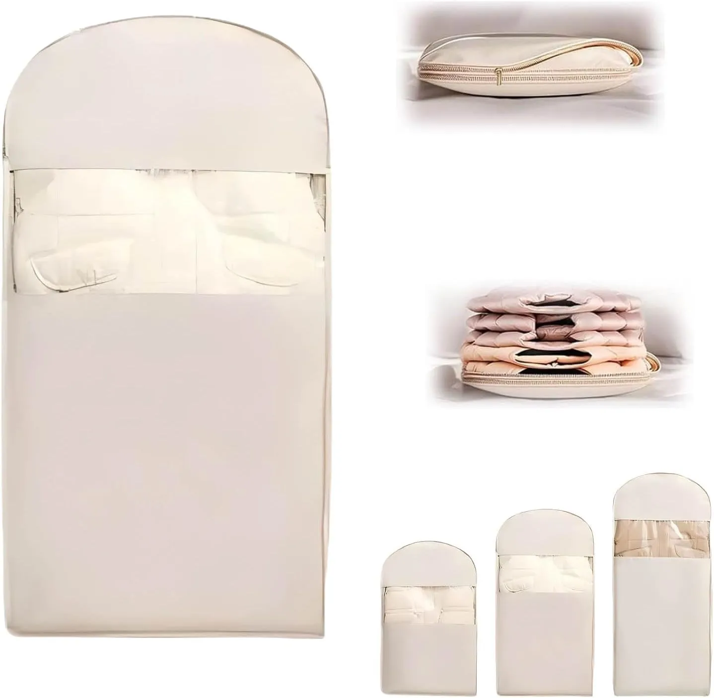 Space Saving Hanging Garment Bag with Self Compression Zipper, Dust Cover Clothes Bags for Down Coat, Wardrobe Organizer, Three Sizes (Beige, L)