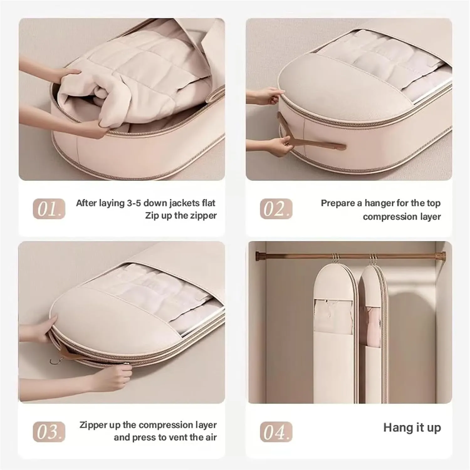 Space Saving Hanging Garment Bag with Self Compression Zipper, Dust Cover Clothes Bags for Down Coat, Waterproof, Dust Cover (2Pcs Beige M)