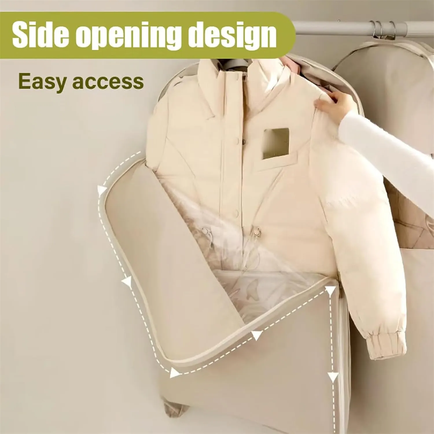 Space Saving Hanging Garment Bag with Self Compression Zipper, Dust Cover Clothes Bags for Down Coat, Waterproof, Dust Cover (2Pcs Beige M)