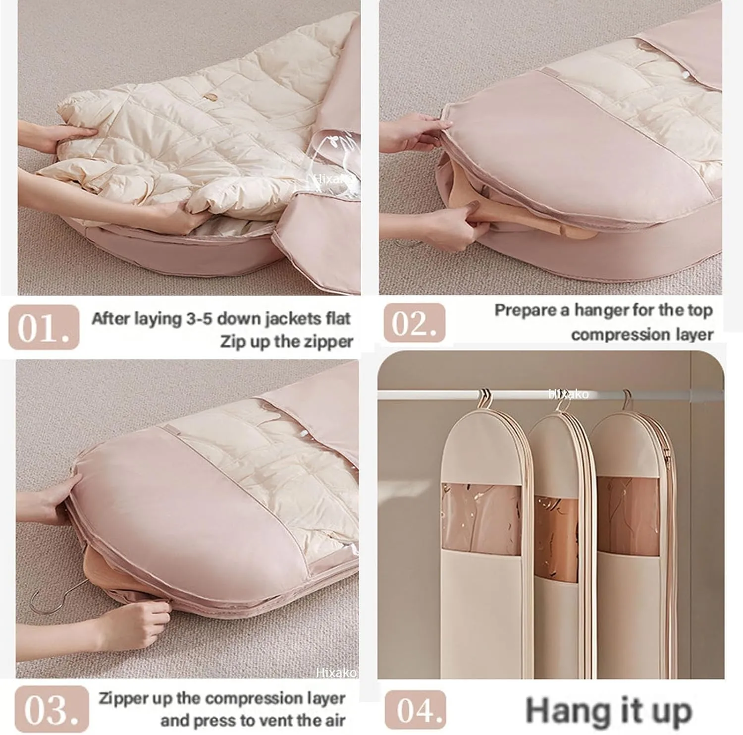 Space Saving Hanging Garment Bag with Self Compression Zipper, Otherwisie Space Saving Hanging Garment Bag, Dust Cover Clothes Bags for down Coat, Garments Bags (Light Peach Pink, Medium)