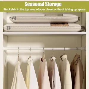 Space Saving Hanging Garment Bag with Self Compression Zipper, Protector for Down Coat, Down Coat Compression Dust Cover for Closet Storage,Protector for Winter Coats, Suits (Beige, M)