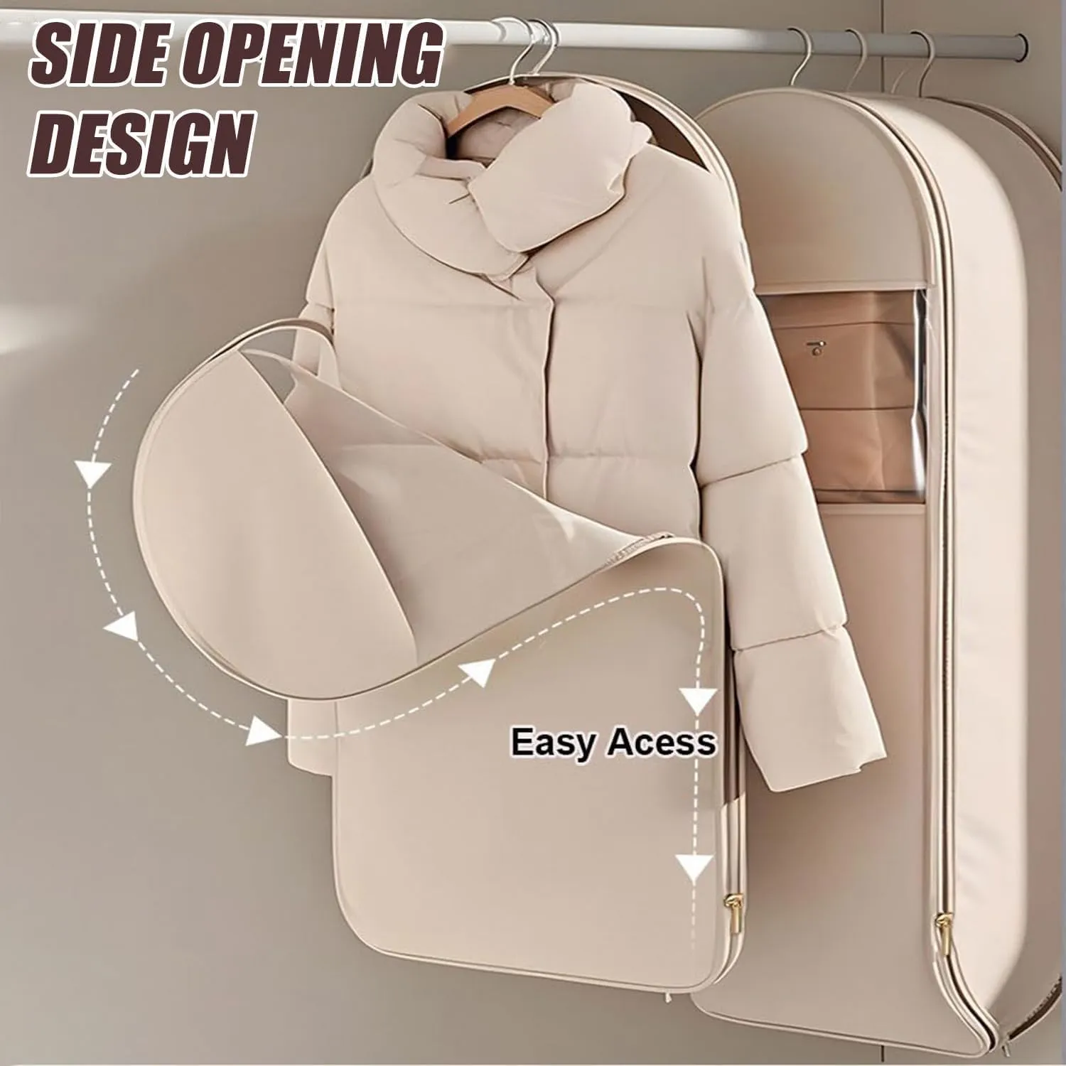Space Saving Hanging Garment Bag with Self Compression Zipper, Space-Saving Dust-Proof Down Jacket Compression Storage Bag for Coats Blankets, Sweaters, Seasonal Clothes(Beige, L)
