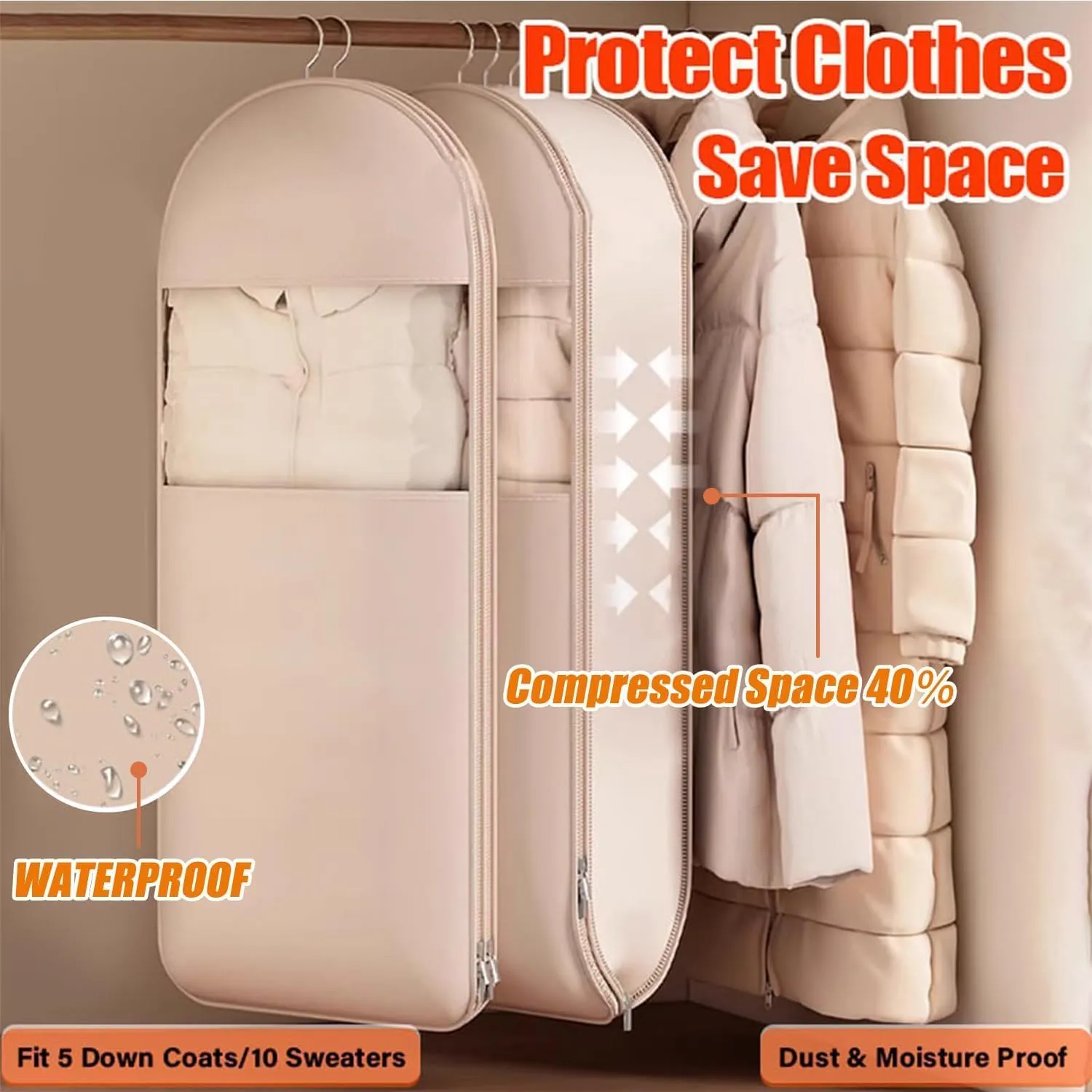 Space Saving Hanging Garment Bag with Self Compression Zipper, Space-Saving Dust-Proof Down Jacket Compression Storage Bag for Coats Blankets, Sweaters, Seasonal Clothes(Beige, L)