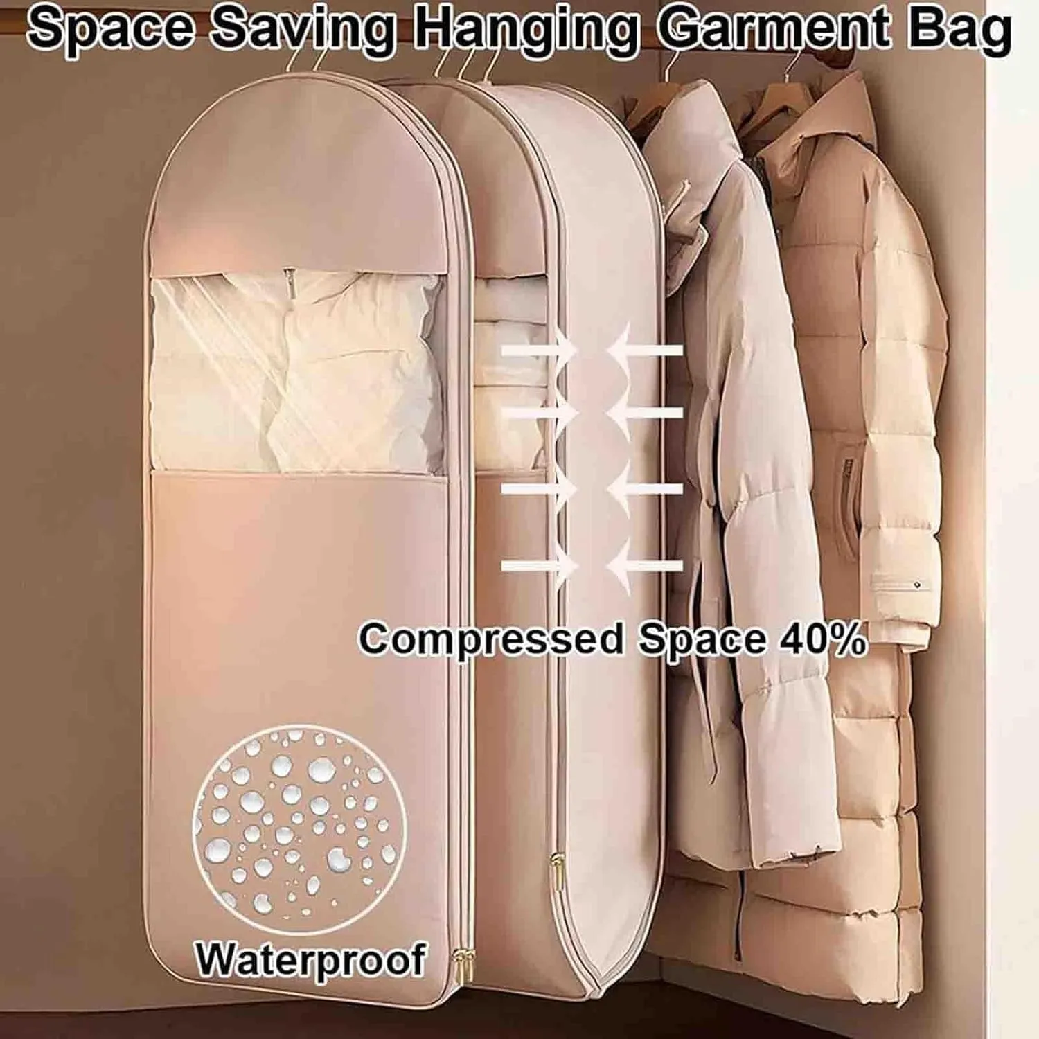 Space Saving Hanging Garment Bag with Self Compression Zipper Space Saving Garment Bag Compression Hanging Garment Bags for Coats Blankets Sweaters Seasonal Clothes (Beige, L)