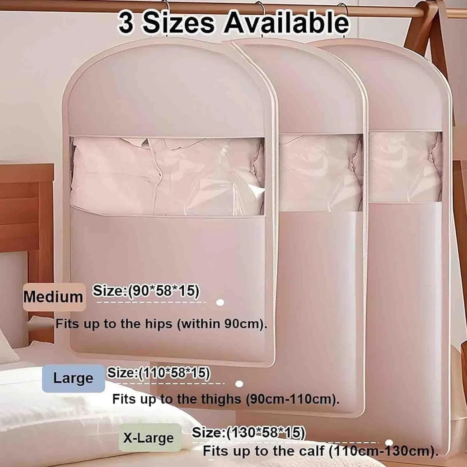 Space Saving Hanging Garment Bag with Self Compression Zipper Space Saving Garment Bag Compression Hanging Garment Bags for Coats Blankets Sweaters Seasonal Clothes (Beige, L)
