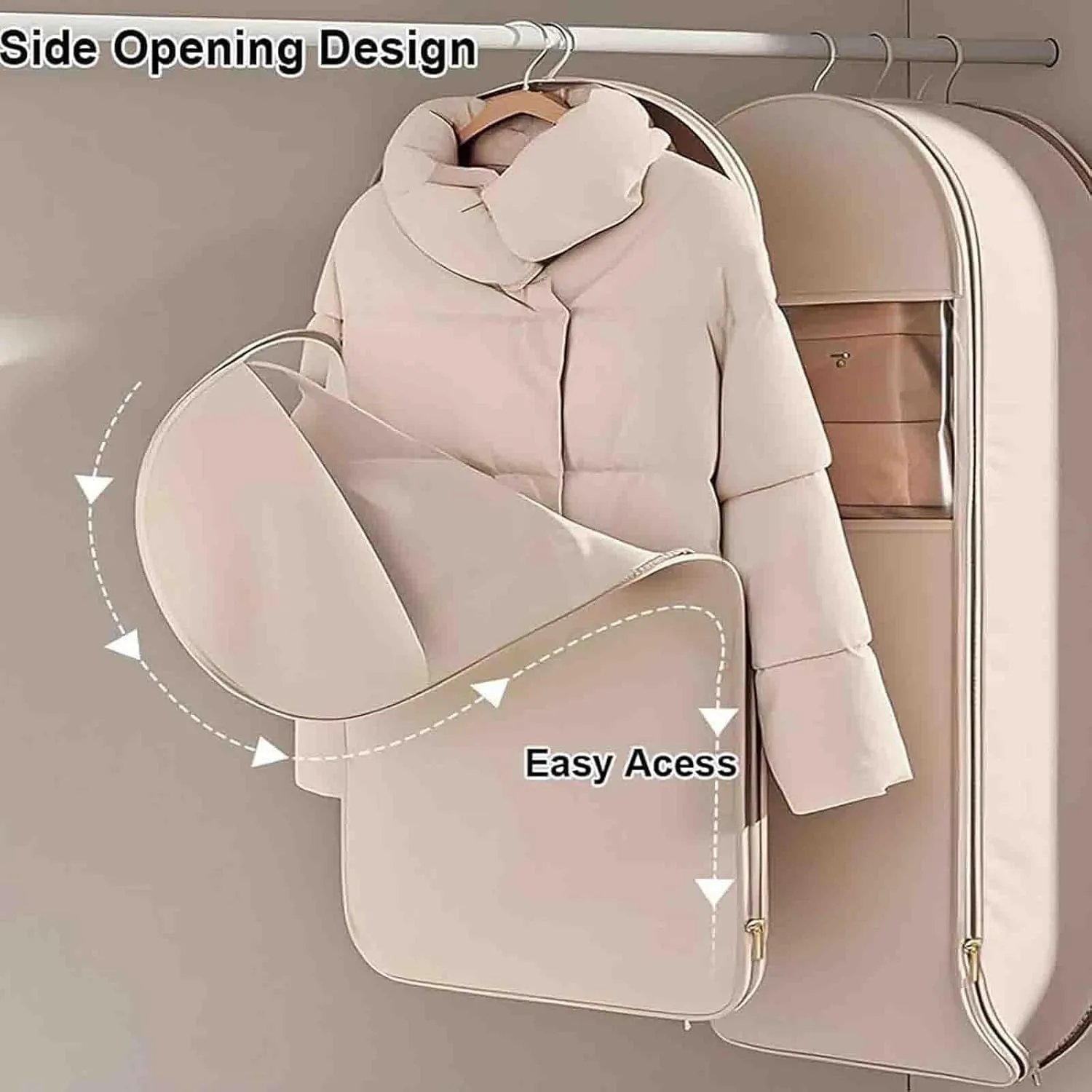 Space Saving Hanging Garment Bag with Self Compression Zipper Space Saving Garment Bag Compression Hanging Garment Bags for Coats Blankets Sweaters Seasonal Clothes (Beige, L)