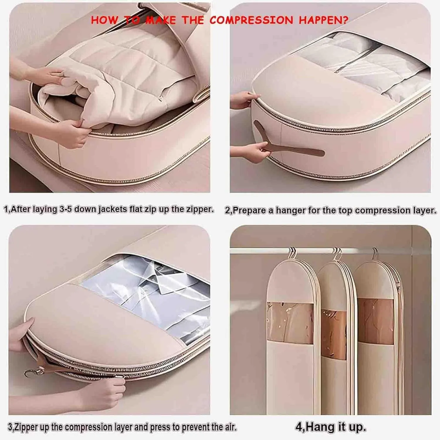 Space Saving Hanging Garment Bag with Self Compression Zipper Space Saving Garment Bag Compression Hanging Garment Bags for Coats Blankets Sweaters Seasonal Clothes (Beige, L)
