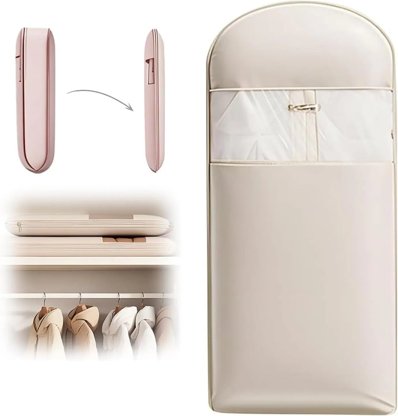 Space Saving Hanging Garment Bag with Self Compression Zipper Space Saving Garment Bag Compression Hanging Garment Bags for Coats Blankets Sweaters Seasonal Clothes (Beige, M)