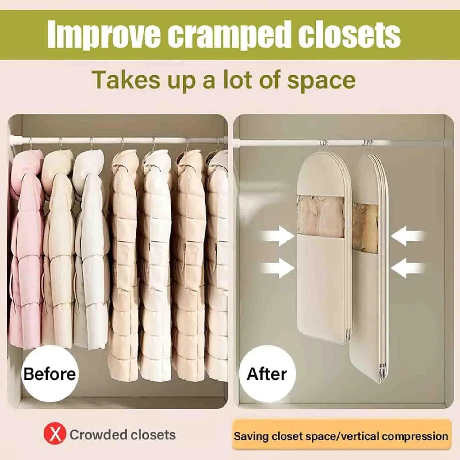 Space Saving Hanging Garment Bag with Self Compression Zipper Space Saving Garment Bag Compression Hanging Garment Bags for Coats Blankets Sweaters Seasonal Clothes (Beige, M)
