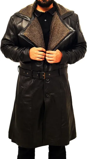 SpazeUp Men's Officer K 2049 Costume Coat Jacket - Black Cotton Trench Coat with Faux Fur Collar