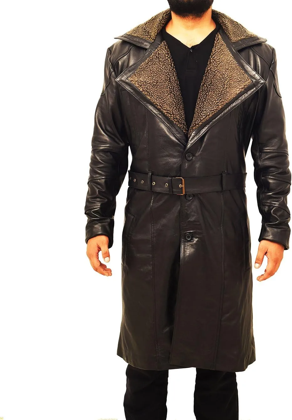 SpazeUp Men's Officer K 2049 Costume Coat Jacket - Black Cotton Trench Coat with Faux Fur Collar