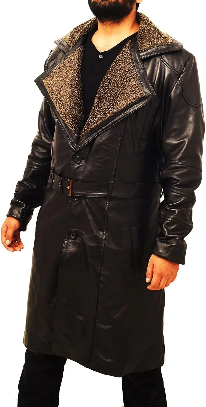 SpazeUp Men's Officer K 2049 Costume Coat Jacket - Black Cotton Trench Coat with Faux Fur Collar