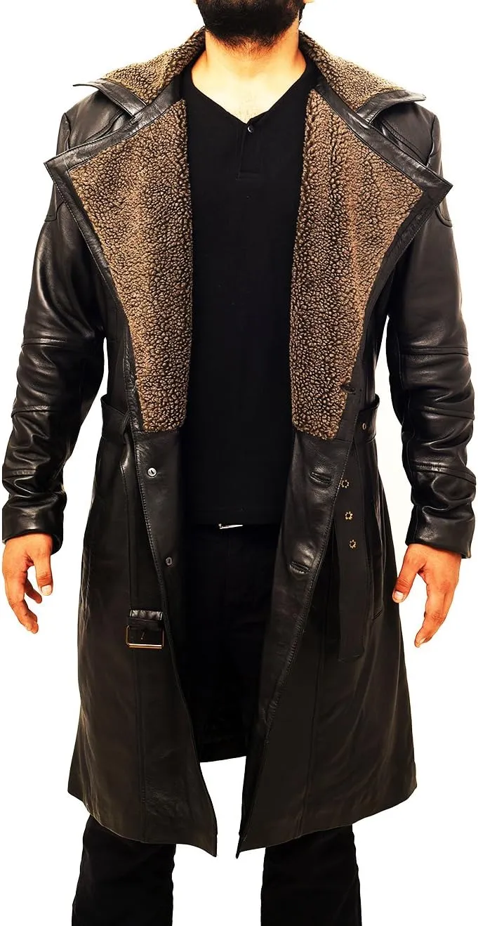 SpazeUp Men's Officer K 2049 Costume Coat Jacket - Black Cotton Trench Coat with Faux Fur Collar