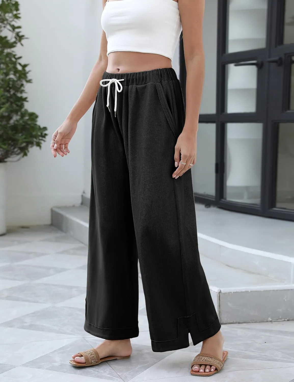 Springrain Womens Baggy Wide Leg Pants Casual Loose Cotton Drawstring Elastic Waisted Palazzo Pants with Pockets