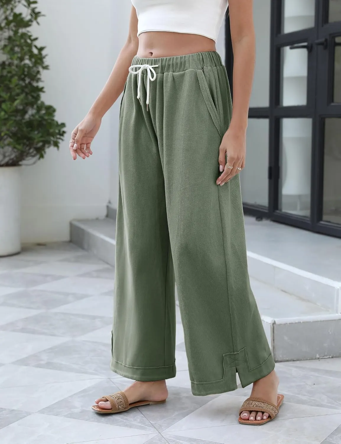 Springrain Womens Baggy Wide Leg Pants Casual Loose Cotton Drawstring Elastic Waisted Palazzo Pants with Pockets