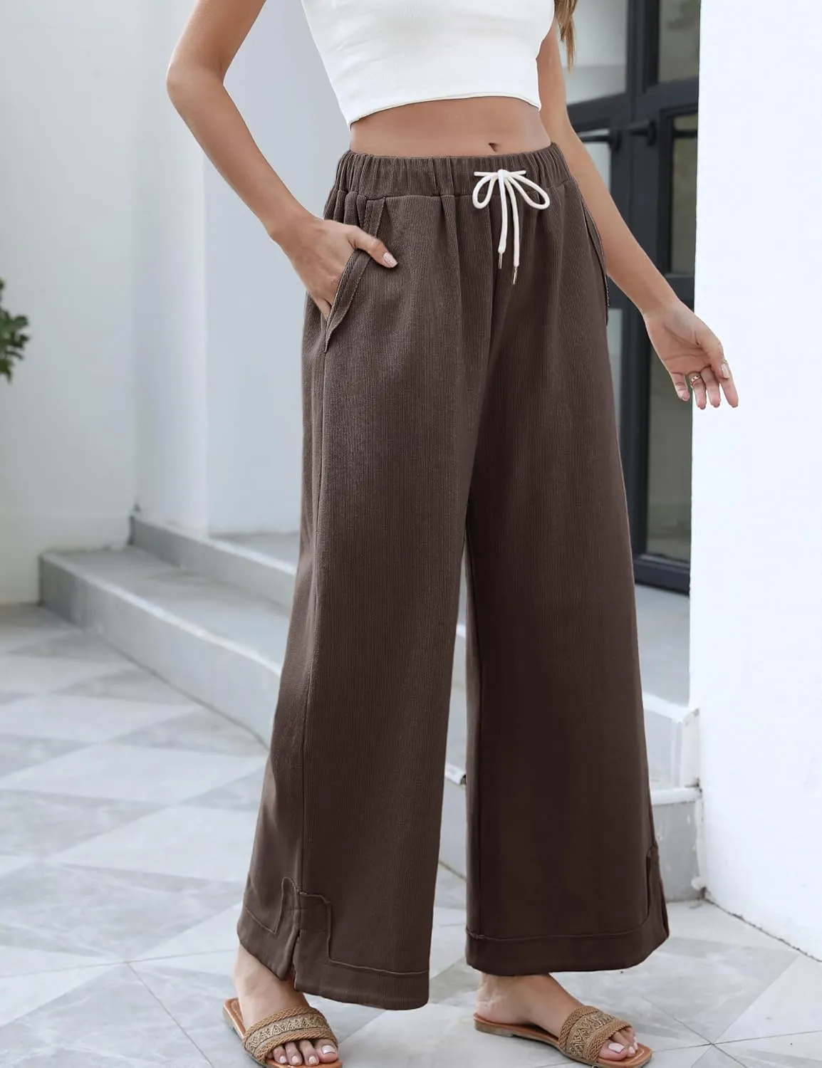 Springrain Womens Baggy Wide Leg Pants Casual Loose Cotton Drawstring Elastic Waisted Palazzo Pants with Pockets
