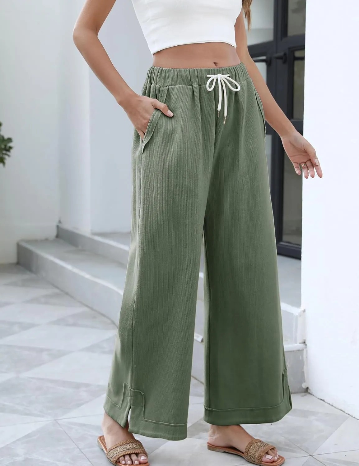 Springrain Womens Baggy Wide Leg Pants Casual Loose Cotton Drawstring Elastic Waisted Palazzo Pants with Pockets