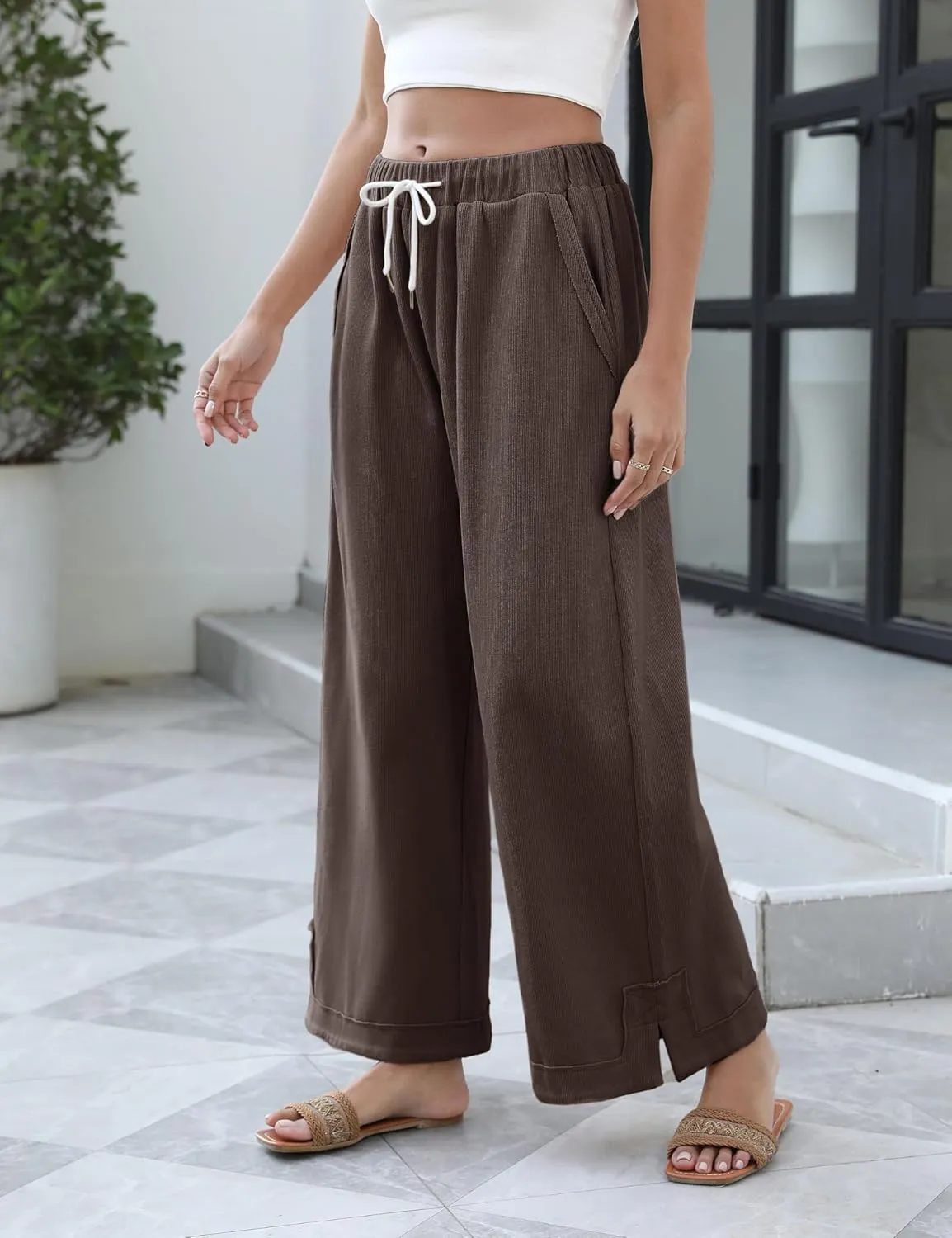 Springrain Womens Baggy Wide Leg Pants Casual Loose Cotton Drawstring Elastic Waisted Palazzo Pants with Pockets