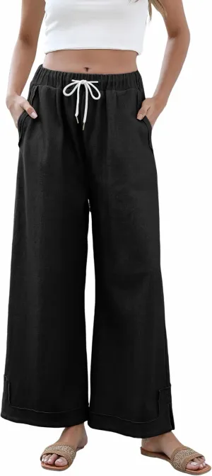 Springrain Womens Baggy Wide Leg Pants Casual Loose Cotton Drawstring Elastic Waisted Palazzo Pants with Pockets