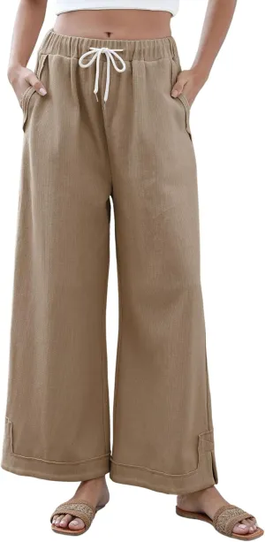 Springrain Womens Baggy Wide Leg Pants Casual Loose Cotton Drawstring Elastic Waisted Palazzo Pants with Pockets
