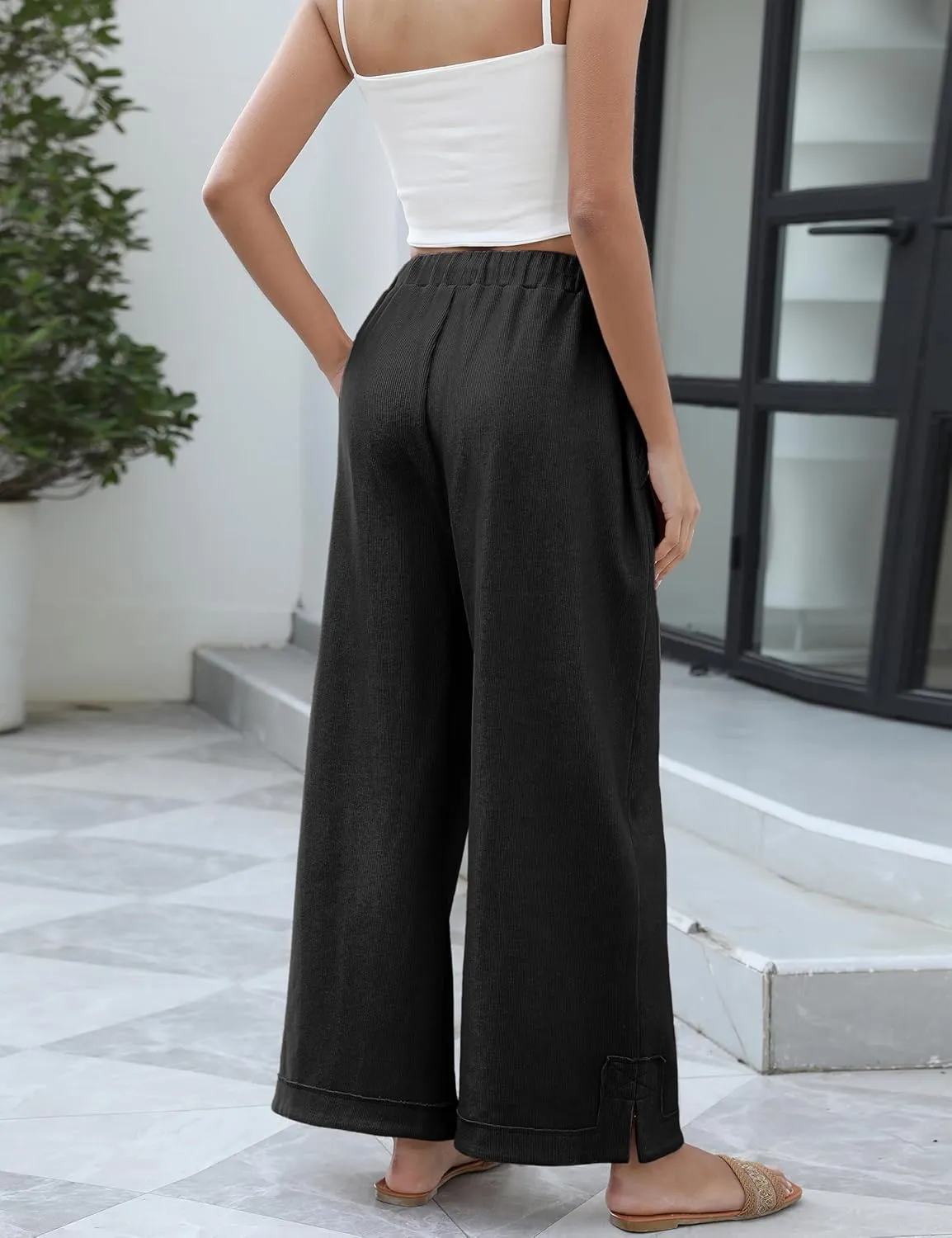 Springrain Womens Baggy Wide Leg Pants Casual Loose Cotton Drawstring Elastic Waisted Palazzo Pants with Pockets