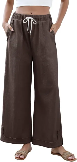 Springrain Womens Baggy Wide Leg Pants Casual Loose Cotton Drawstring Elastic Waisted Palazzo Pants with Pockets