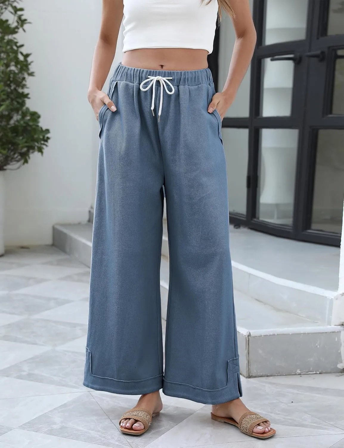 Springrain Womens Baggy Wide Leg Pants Casual Loose Cotton Drawstring Elastic Waisted Palazzo Pants with Pockets