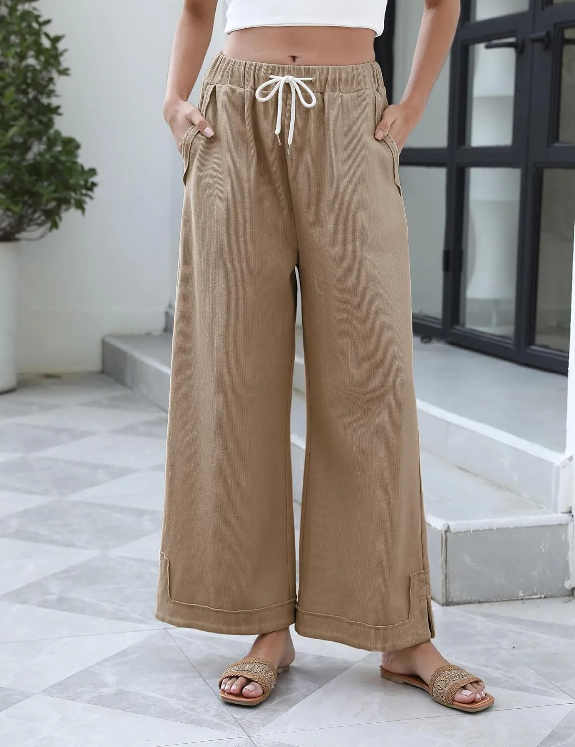 Springrain Womens Baggy Wide Leg Pants Casual Loose Cotton Drawstring Elastic Waisted Palazzo Pants with Pockets