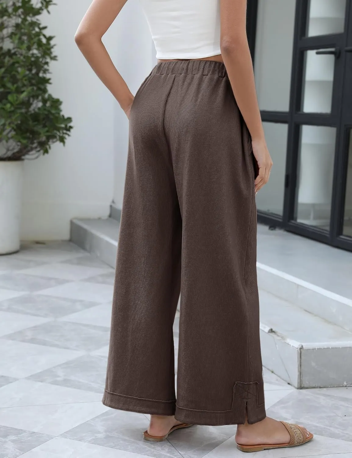 Springrain Womens Baggy Wide Leg Pants Casual Loose Cotton Drawstring Elastic Waisted Palazzo Pants with Pockets