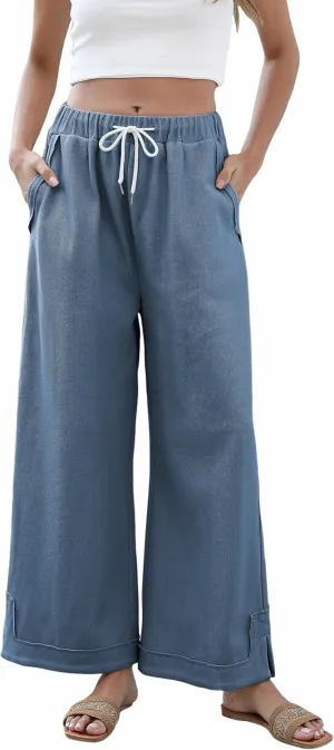 Springrain Womens Baggy Wide Leg Pants Casual Loose Cotton Drawstring Elastic Waisted Palazzo Pants with Pockets