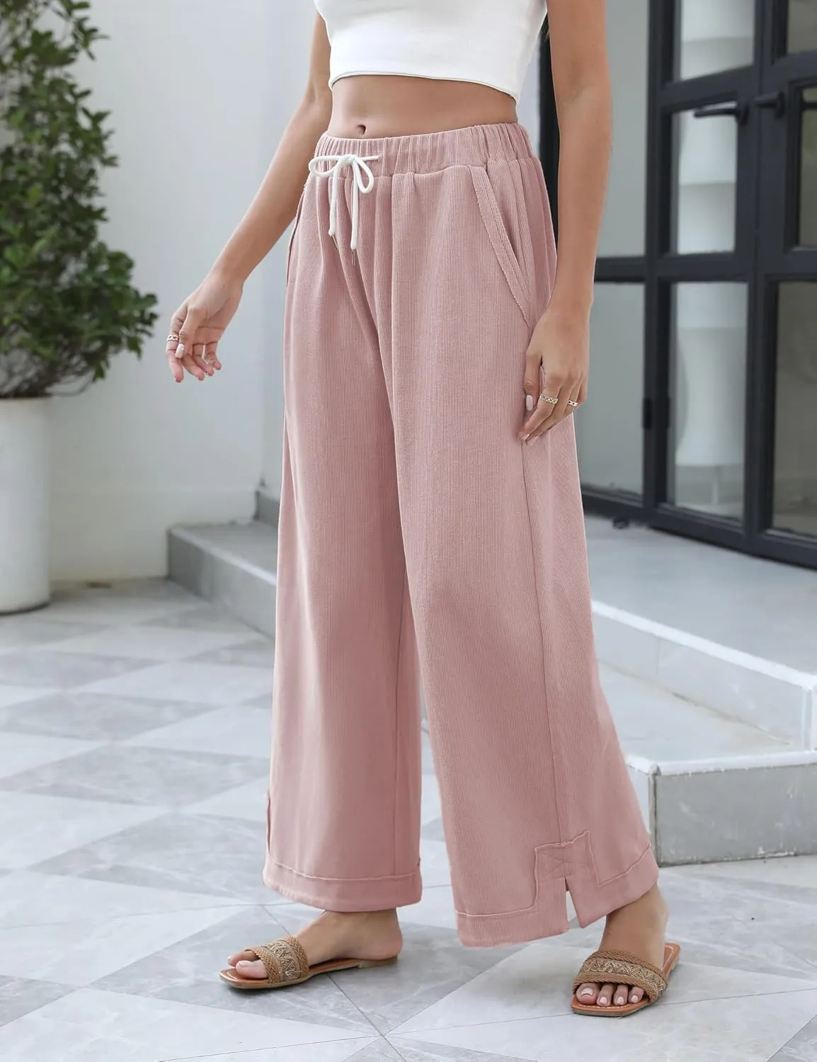 Springrain Womens Baggy Wide Leg Pants Casual Loose Cotton Drawstring Elastic Waisted Palazzo Pants with Pockets