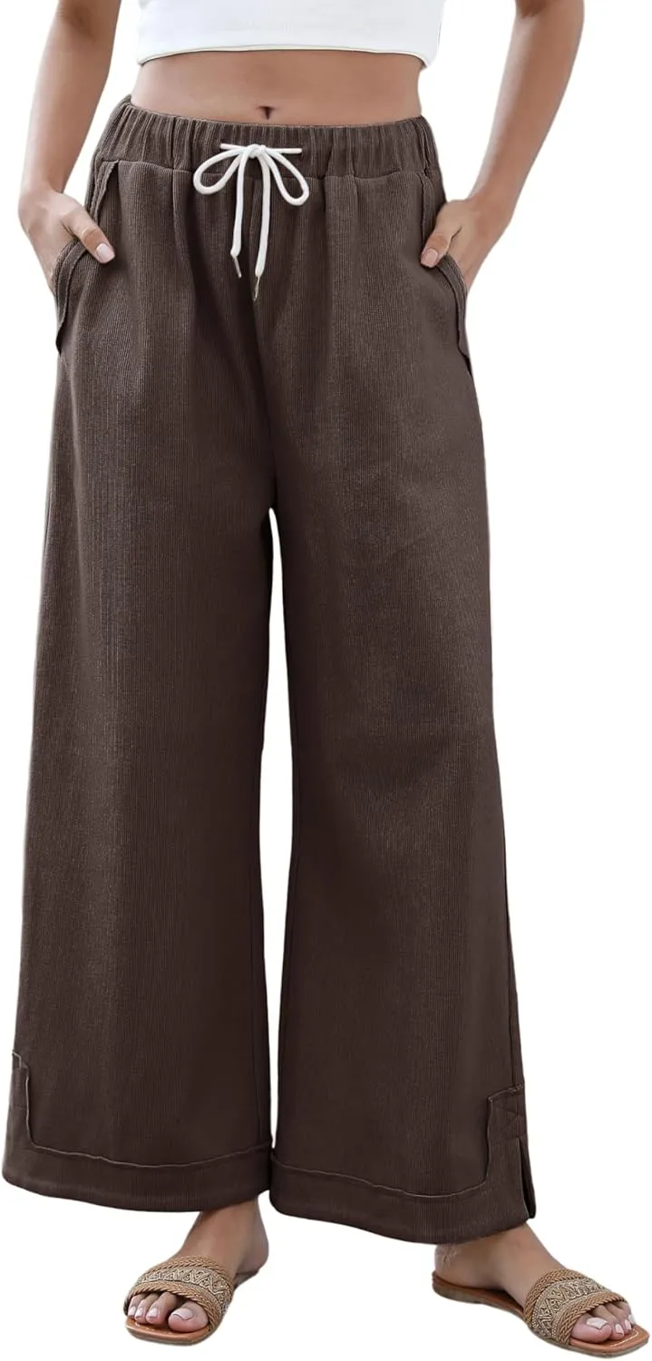 Springrain Womens Baggy Wide Leg Pants Casual Loose Cotton Drawstring Elastic Waisted Palazzo Pants with Pockets