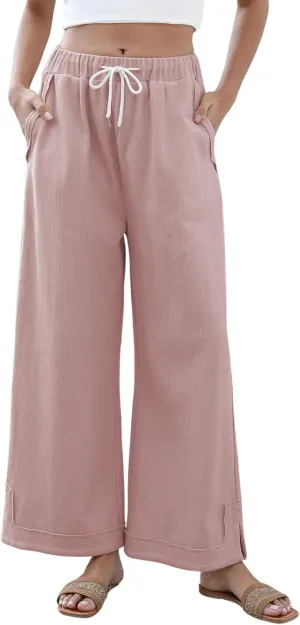 Springrain Womens Baggy Wide Leg Pants Casual Loose Cotton Drawstring Elastic Waisted Palazzo Pants with Pockets