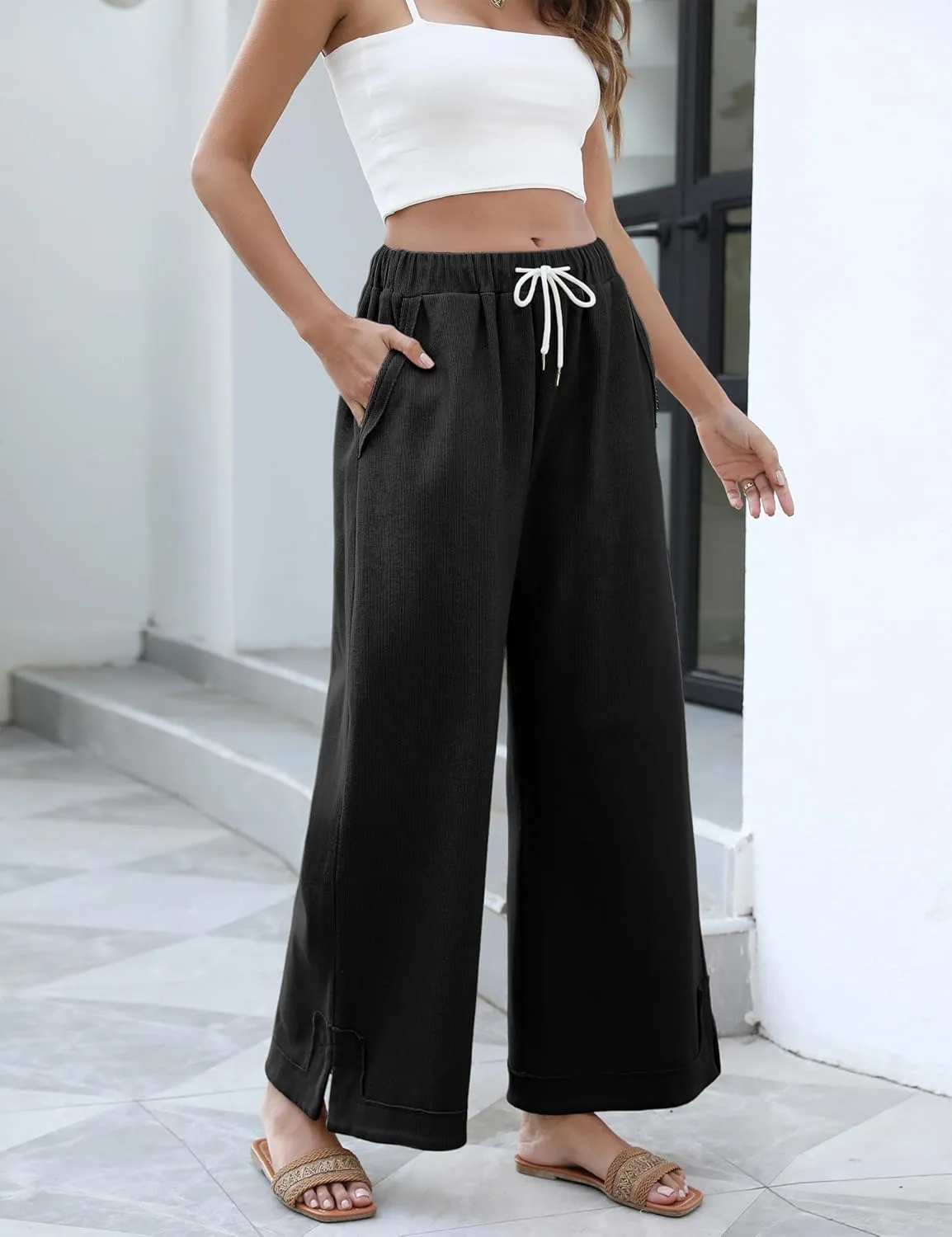 Springrain Womens Baggy Wide Leg Pants Casual Loose Cotton Drawstring Elastic Waisted Palazzo Pants with Pockets