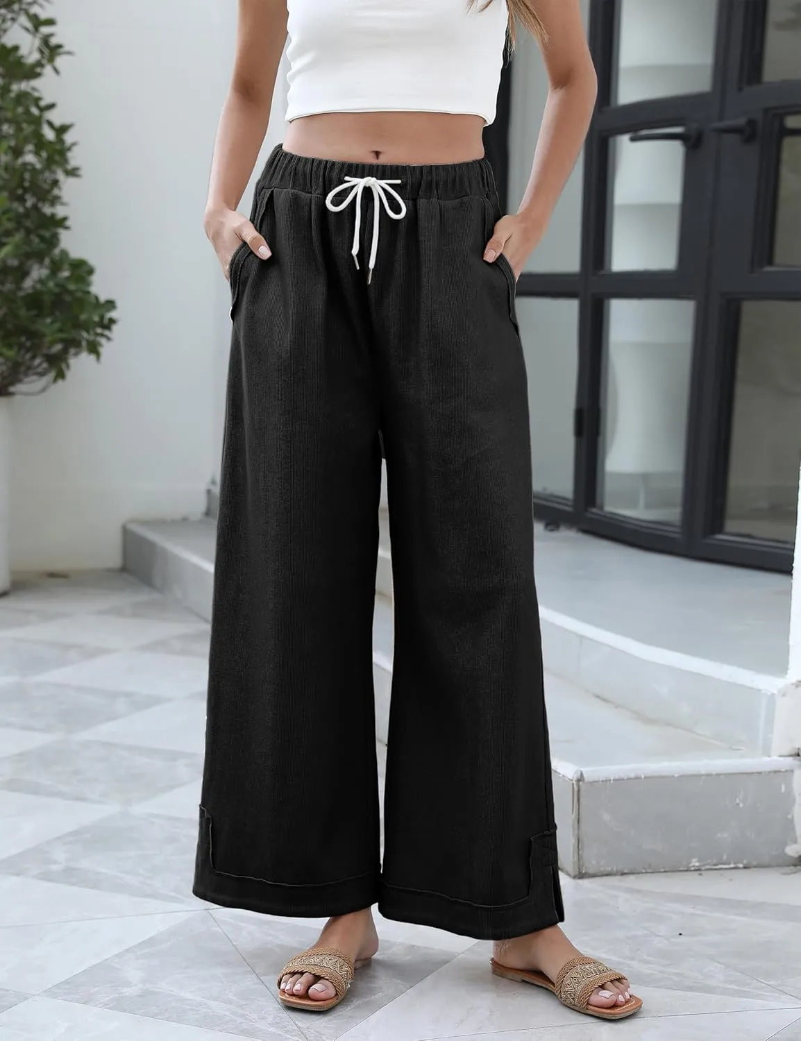 Springrain Womens Baggy Wide Leg Pants Casual Loose Cotton Drawstring Elastic Waisted Palazzo Pants with Pockets