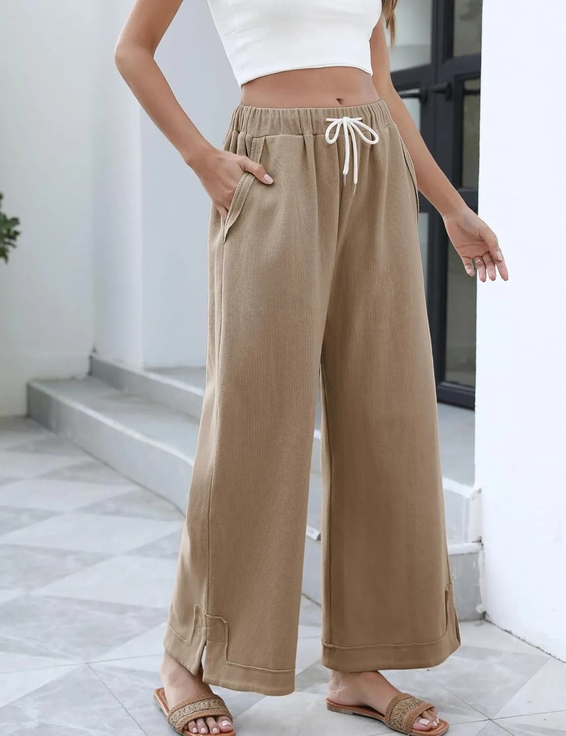 Springrain Womens Baggy Wide Leg Pants Casual Loose Cotton Drawstring Elastic Waisted Palazzo Pants with Pockets