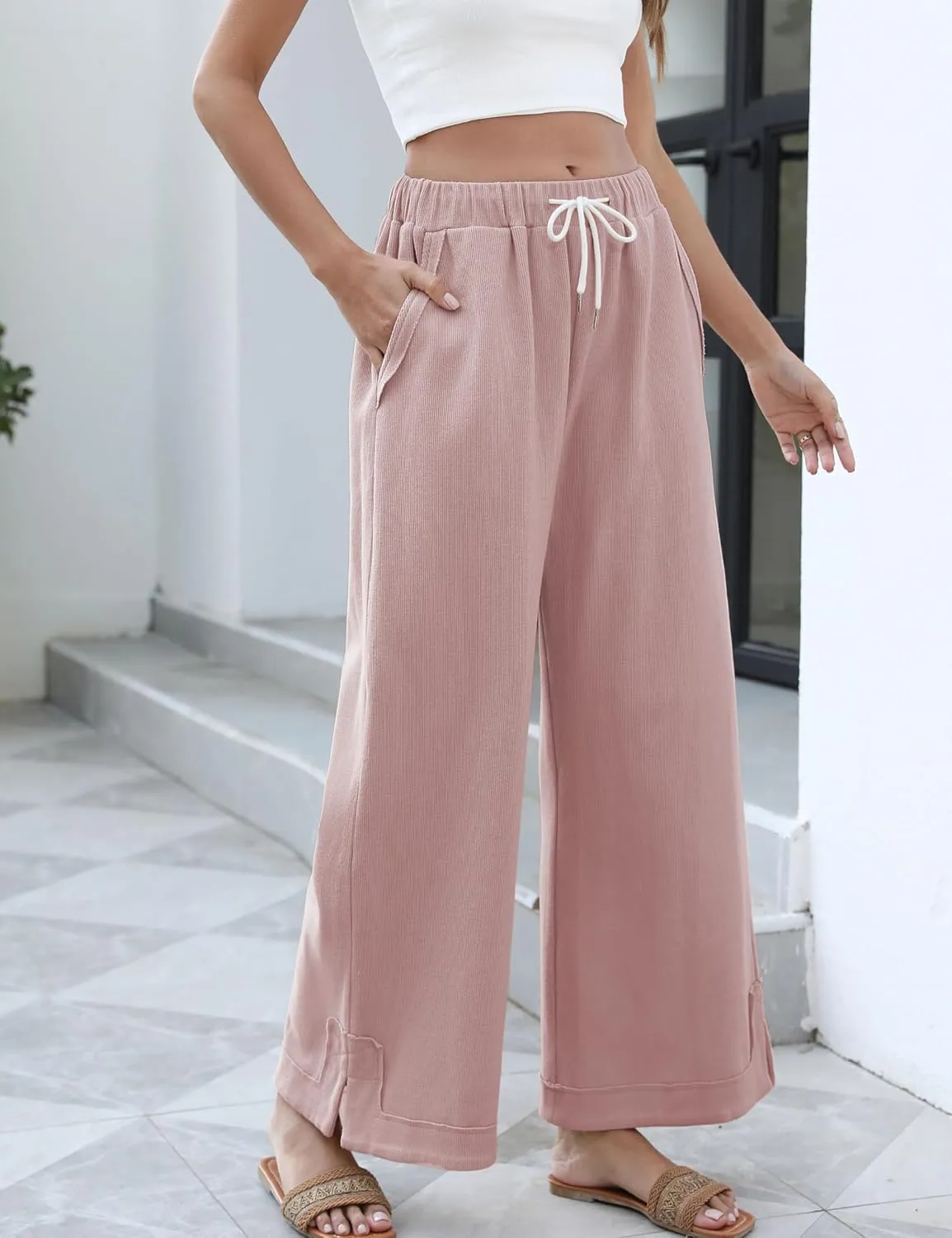 Springrain Womens Baggy Wide Leg Pants Casual Loose Cotton Drawstring Elastic Waisted Palazzo Pants with Pockets