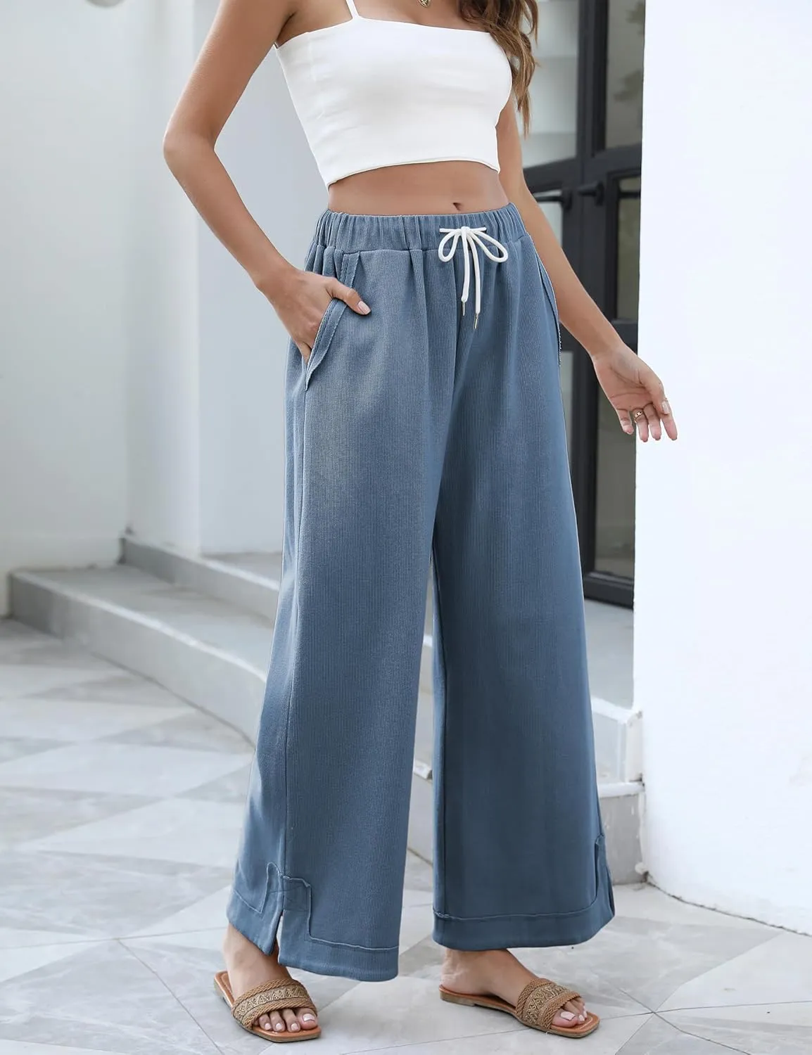 Springrain Womens Baggy Wide Leg Pants Casual Loose Cotton Drawstring Elastic Waisted Palazzo Pants with Pockets