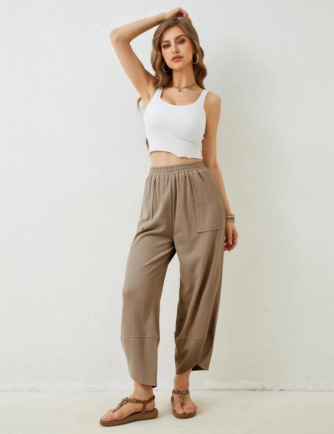 Springrain Womens Baggy Wide Leg Pants Cotton Elastic Waisted Loose Palazzo Harem Pants with Pockets