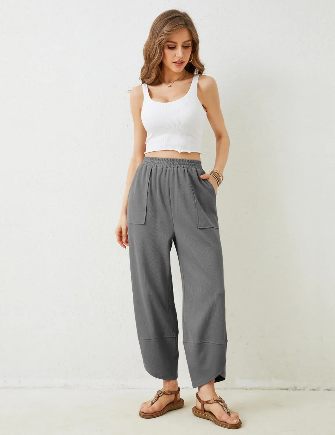 Springrain Womens Baggy Wide Leg Pants Cotton Elastic Waisted Loose Palazzo Harem Pants with Pockets