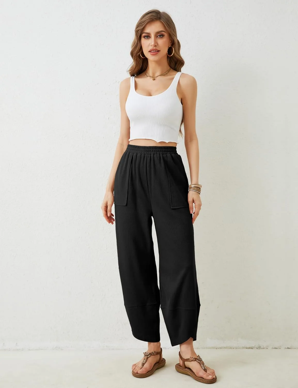 Springrain Womens Baggy Wide Leg Pants Cotton Elastic Waisted Loose Palazzo Harem Pants with Pockets