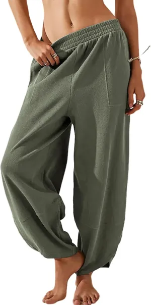 Springrain Womens Baggy Wide Leg Pants Cotton Elastic Waisted Loose Palazzo Harem Pants with Pockets