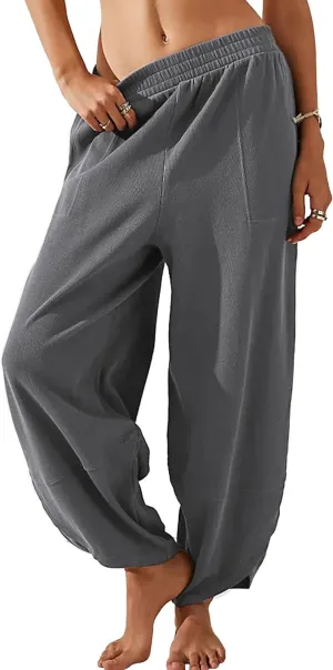 Springrain Womens Baggy Wide Leg Pants Cotton Elastic Waisted Loose Palazzo Harem Pants with Pockets