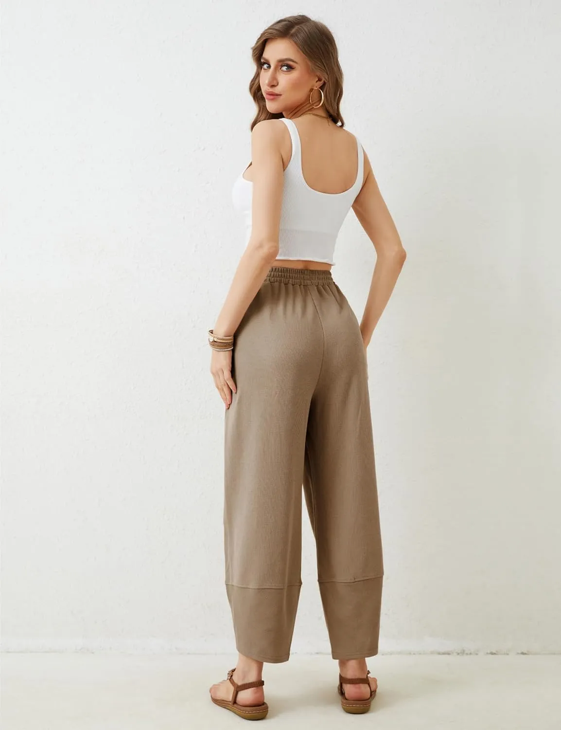 Springrain Womens Baggy Wide Leg Pants Cotton Elastic Waisted Loose Palazzo Harem Pants with Pockets